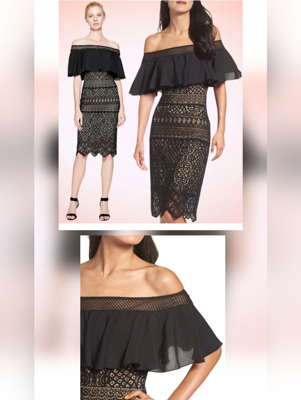 Tadashi Shoji Size 12 Off-Shoulder Ruffle Black Nude Lace Dress